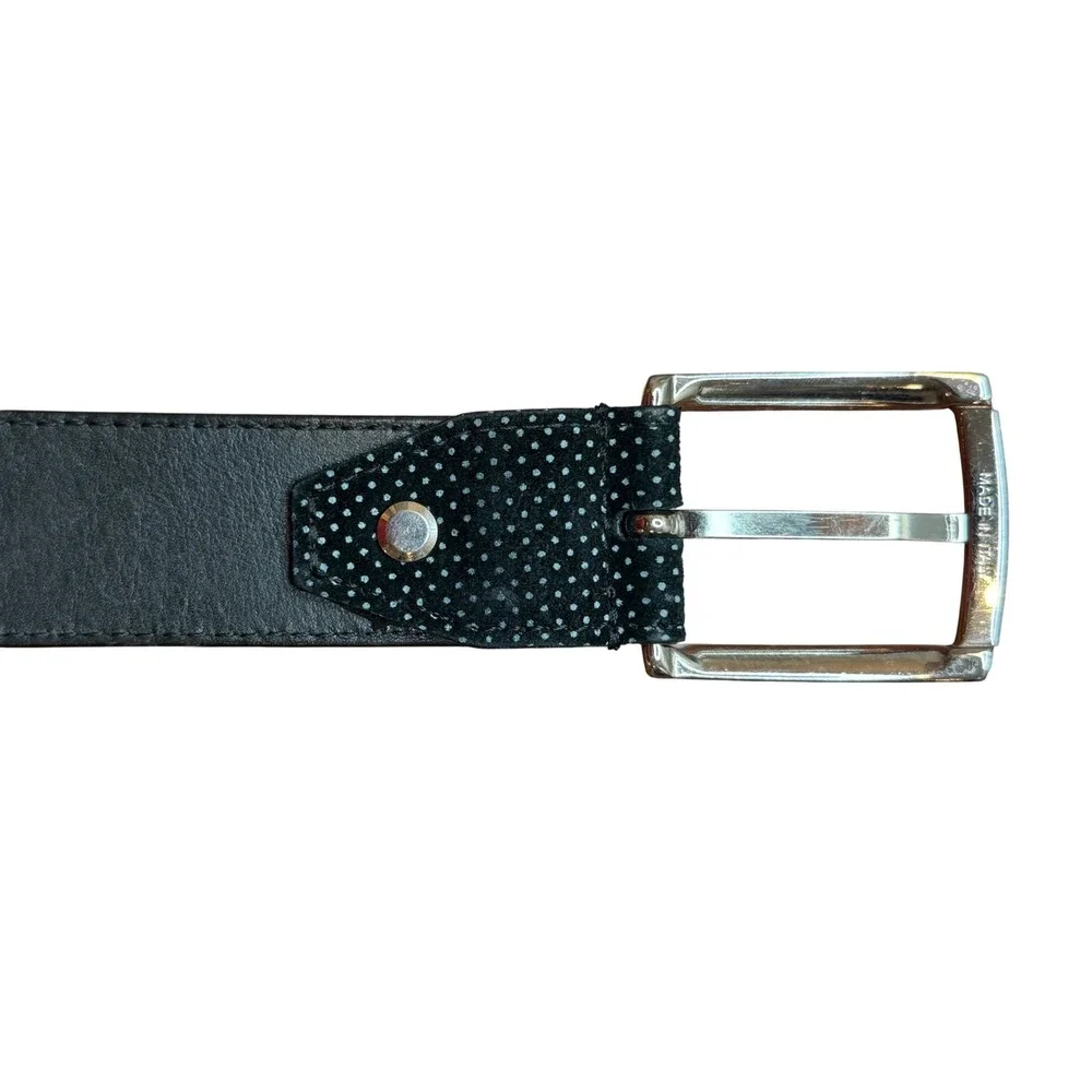 Bugatchi Mens Black White Polka Dot Leather Dress Belt Made in Italy Size 40 42